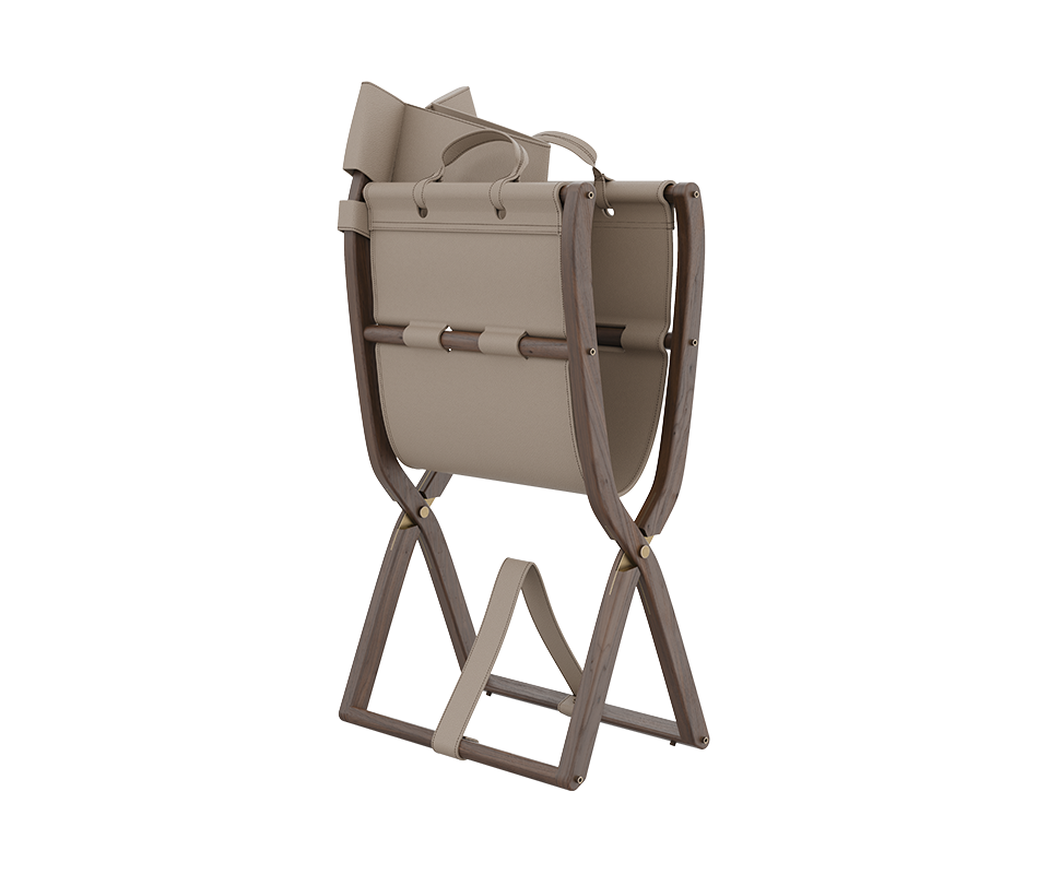 Korda Folding Chair An angled view of the Korda chair partially folded, demonstrating its versatility and the premium craftsmanship of the leather straps and joint mechanisms.