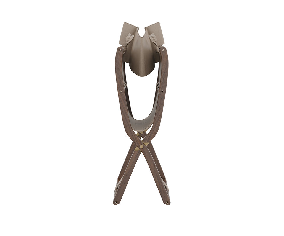 Korda Folding Chair Frontal view of the Korda Folding Chair in its closed position, showcasing the elegant X-shaped walnut wood frame and the draped taupe leather seat held together by gold-toned metallic accents.
