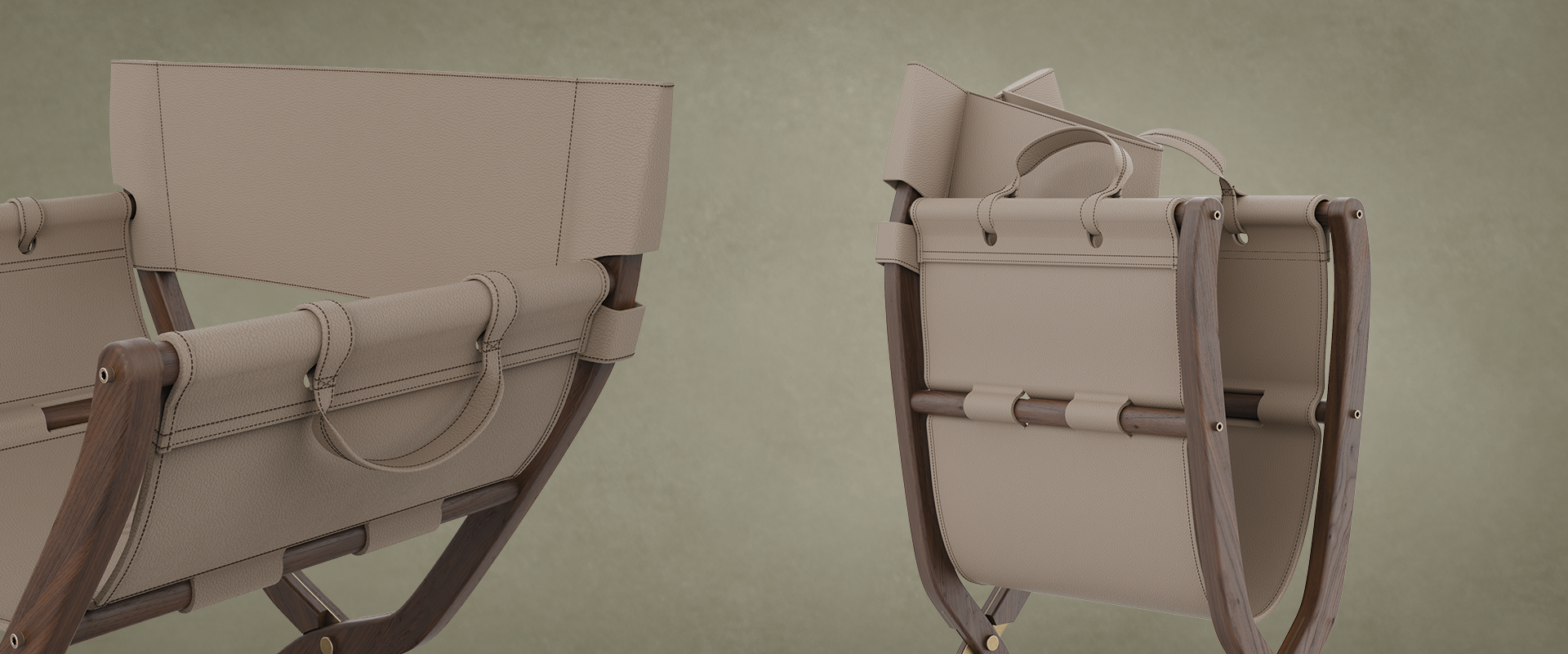 Korda Folding Chair Side-by-side view of the Korda Folding Chair by Wood Tailors Club, shown both open and partially folded. The design features a dark walnut wood frame with premium beige leather upholstery and integrated leather carrying handles.