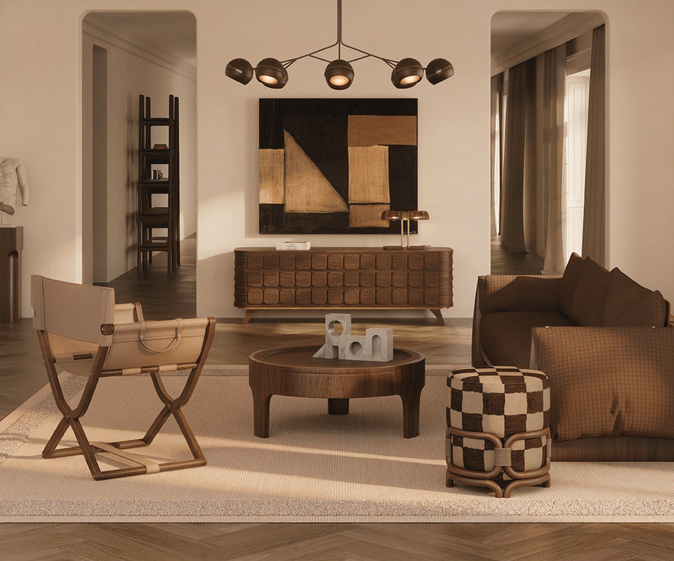 Korda Folding Chair Two Korda Folding Chairs by Wood Tailors Club featuring dark wood frames and beige leather upholstery, arranged in a sophisticated, mid-century modern living room with a neutral color palette.