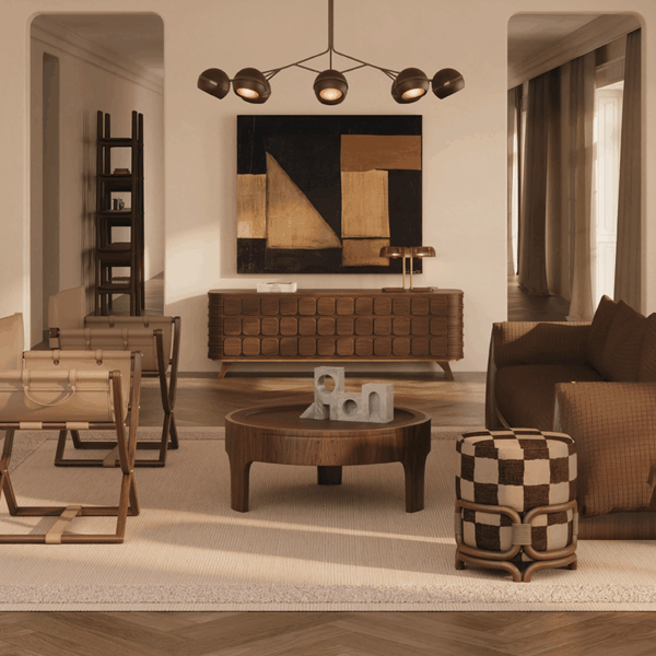 Two Korda Folding Chairs, with Director's Chair aesthetic, by Wood Tailors Club featuring dark wood frames and beige leather upholstery, arranged in a sophisticated, mid-century modern living room with a neutral color palette.
