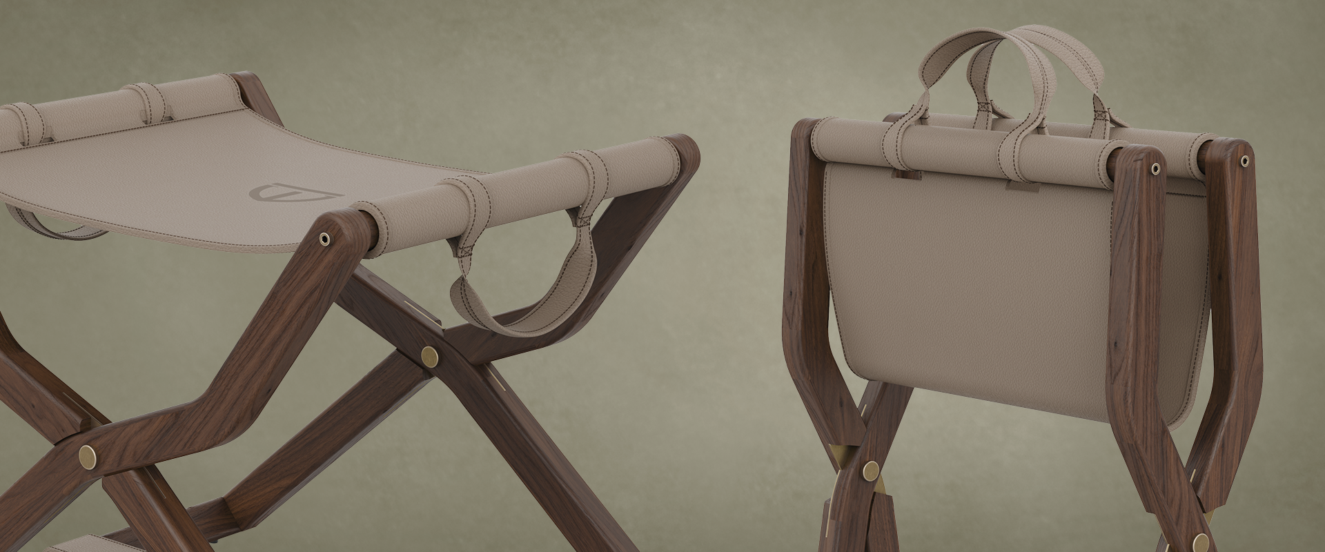 close-up view of the Korda Folding Stool by Wood Tailors Club in both open and folded positions. On the left, a close-up of the handcrafted dark wood frame and premium beige leather seat. On the right, the stool is shown folded, highlighting its portable design with integrated leather carrying handles.