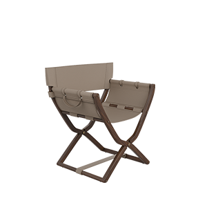 Korda Folding Chair by Wood Tailors Club showcasing a classic walnut wood frame with a smooth finish, complemented by light beige or sand-colored leather seating.