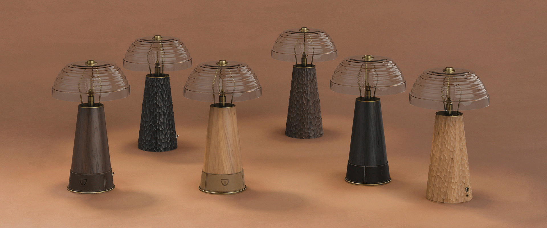 New lighting Collection with different different artisanal base variations including smooth wood, dark hammered textures, and leather-wrapped bottoms.