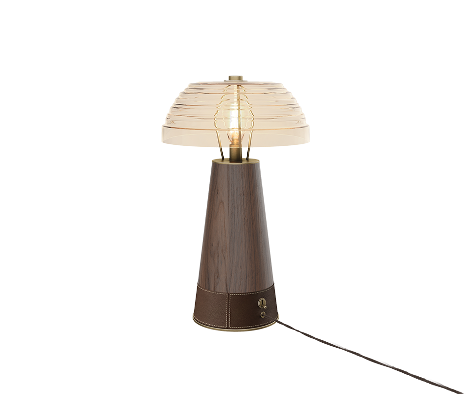Back View of Lloyd II Table Lamp in smoked walnut wood and leather.