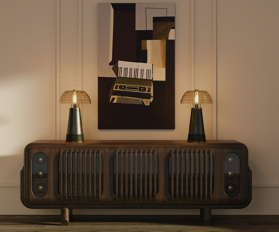 A sophisticated interior setting featuring a pair of illuminated Lloyd II Table Lamps placed symmetrically on the Kennedy sideboard.