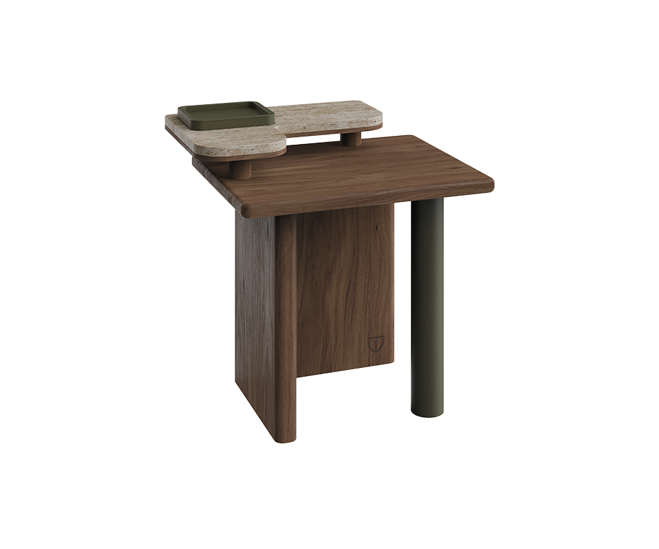 Maurier side table, 45-degree top front view. A single cylindrical leg wrapped in supple leather flows into a balanced wooden frame, supporting a smooth travertine tabletop. A small removable leather tray rests atop, blending practicality with understated elegance.