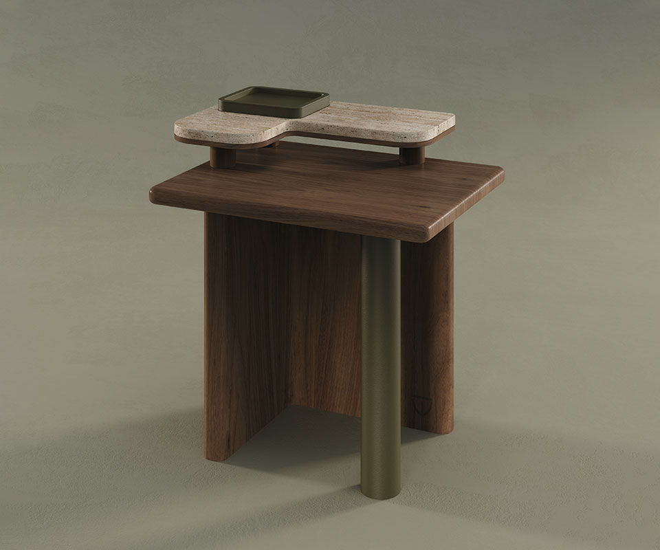 Three Maurier side tables set against a cream background, one crafted in oak, another in smoked walnut, and the last in black-stained ashwood.