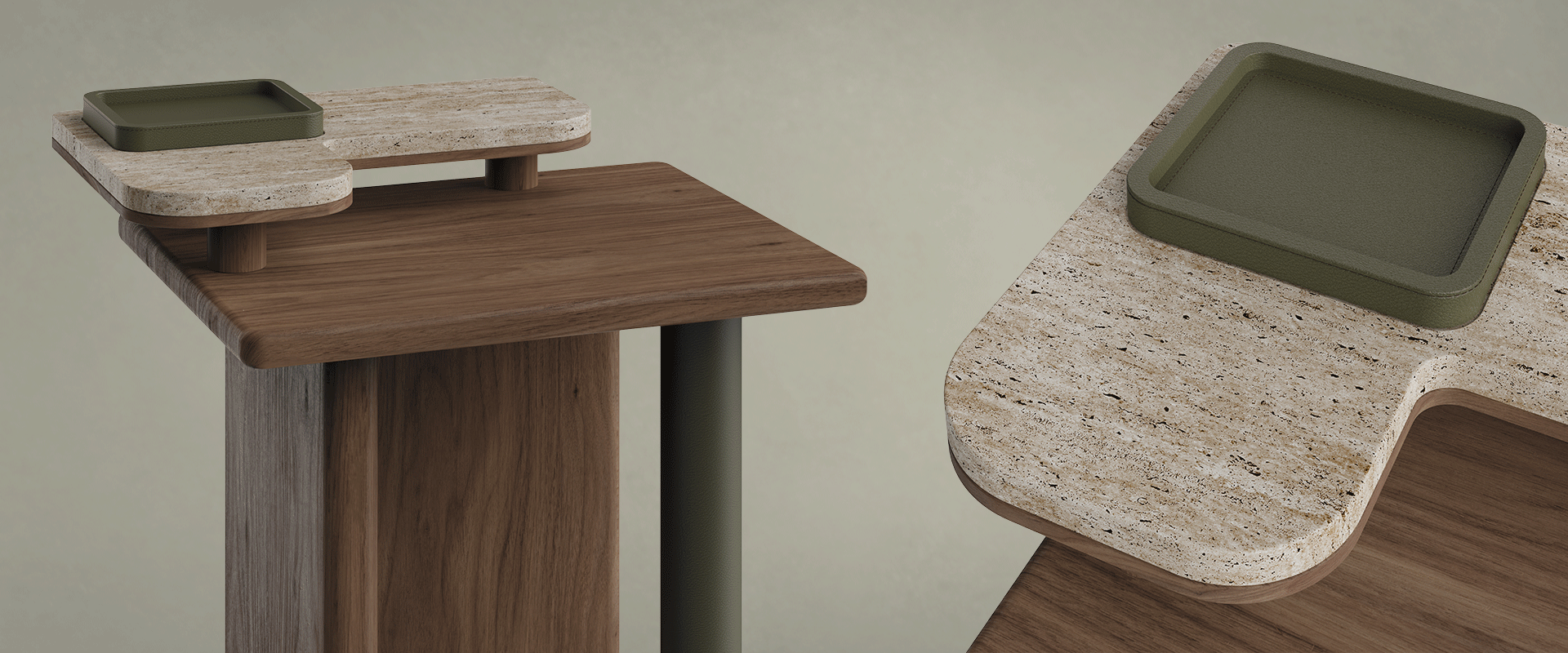 Detail of the Maurier side table revealing the harmony of its noble materials, the cylindrical leg sheathed in supple leather, exuding tactile richness; the wooden structure displaying its natural grain with quiet elegance; and the travertine tabletop, smooth and luminous, crowning the composition with timeless refinement.