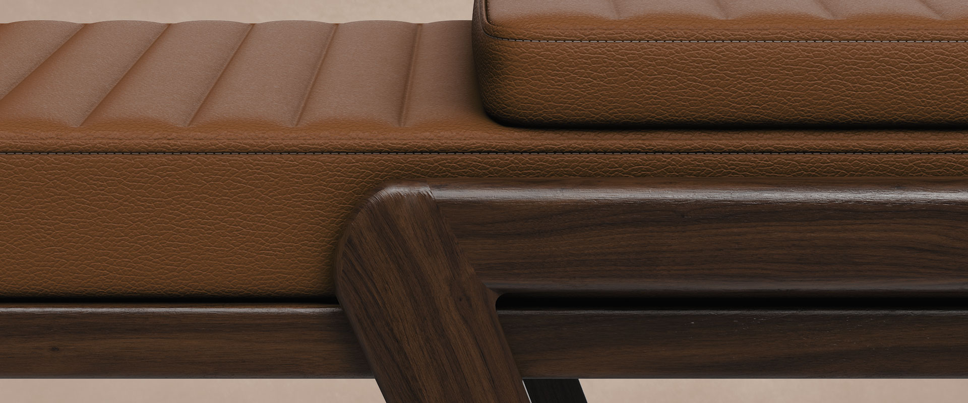 Close-up of the Milton Bench highlighting the orange leather texture and the walnut wood grain.