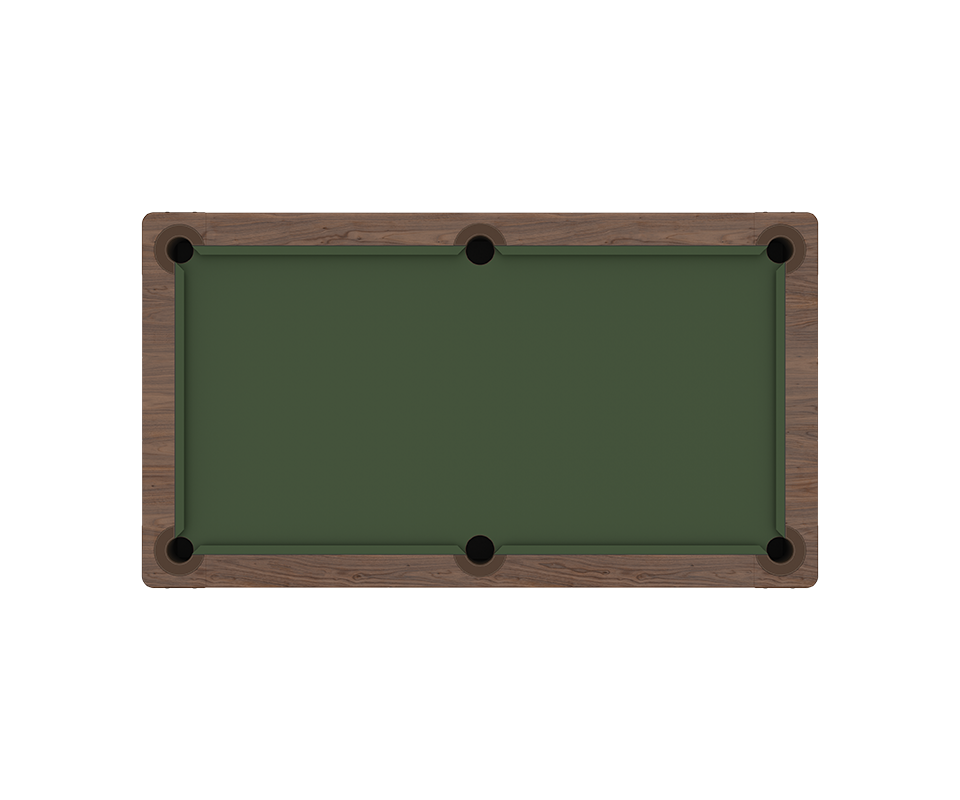 Morley Pool Set top view, on a white background. Smoked walnut table with powder-coated stainless steel, brushed aged brass, Siza 452 leather, and green billiard cloth details.