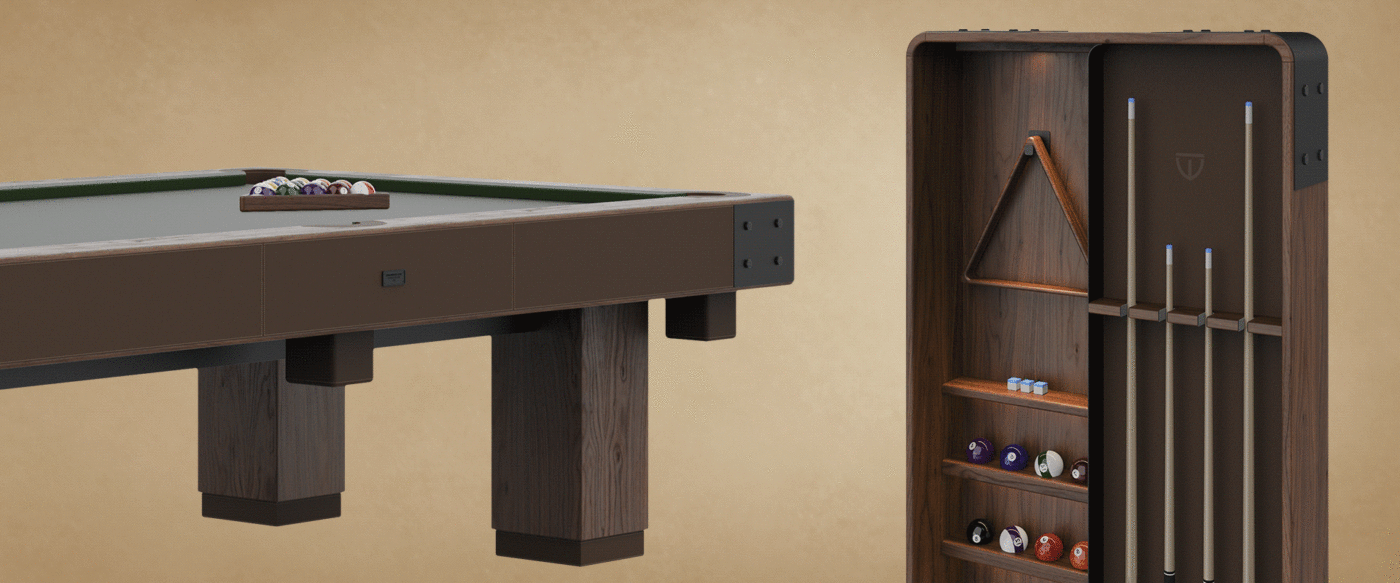 Close-up view of the Morley Pool Set table with the adjacent storage unit for balls and cues, highlighting elegant wood craftsmanship.