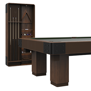 Close-up view of the Morley Pool Set table with the adjacent storage unit for balls and cues, highlighting elegant wood craftsmanship set against a white background.