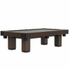 Morley Pool Set 45, front view with lights off, on a white background. Smoked walnut table with powder-coated stainless steel, brushed aged brass, leather, and billiard cloth details, with matching smoked walnut cue rack.