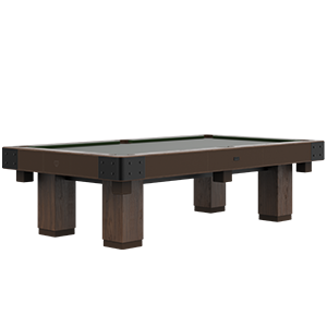 Morley Pool Set 45, front view with lights off, on a white background. Smoked walnut table with powder-coated stainless steel, brushed aged brass, leather, and billiard cloth details, with matching smoked walnut cue rack.