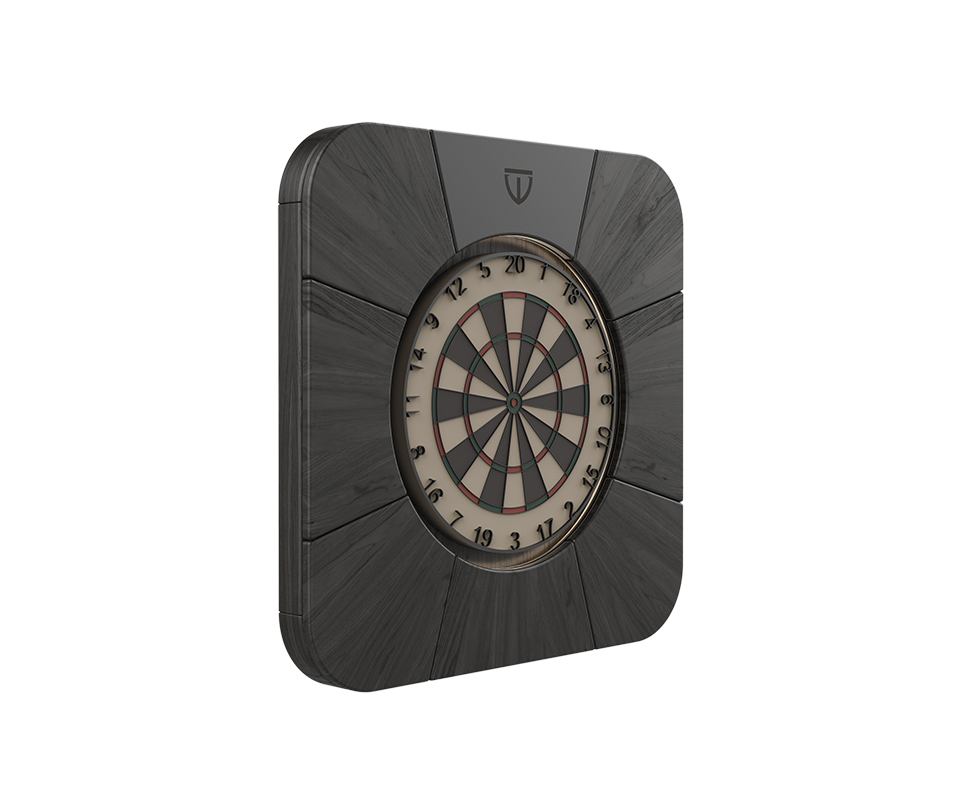 Rochford Dartboard Side view of the Rochford dartboard in black-stained ash wood, showing the engraved brand logo and powder-coated stainless steel details.