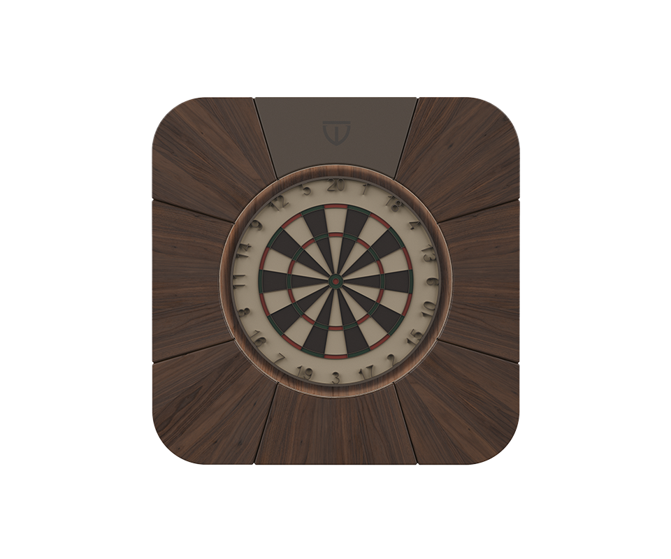 Rochford Dartboard Front view of the Rochford dartboard featuring a WTC smoke walnut structure with powder coated stainless steel details.