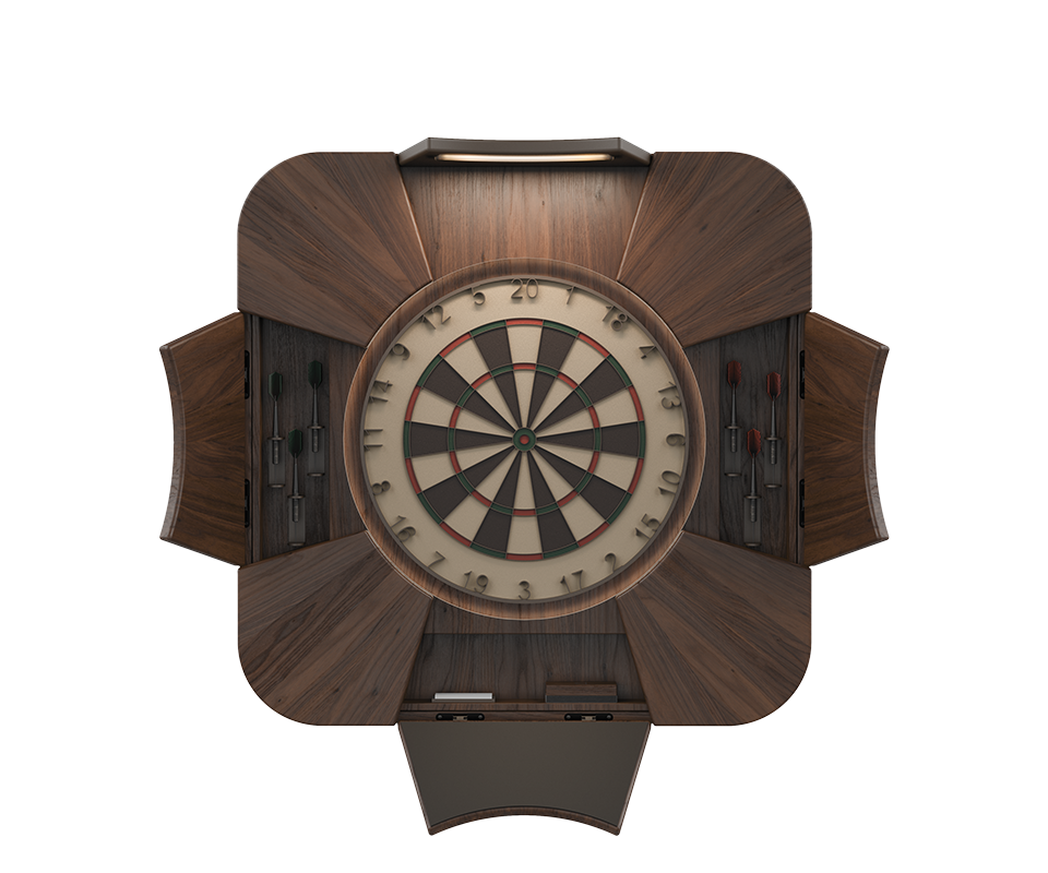 Rochford Dartboard Open front view of the Rochford dartboard featuring a WTC smoke walnut structure with powder coated stainless steel details and open slots for storing darts including an upper slot with integrated light and a lower slot with the scoreboard.