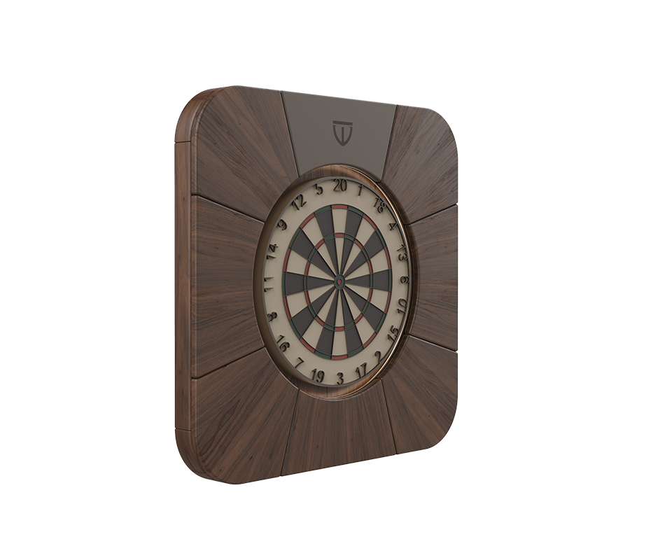 Rochford Dartboard Side view of the Rochford dartboard featuring a WTC smoke walnut structure with powder coated stainless steel details.