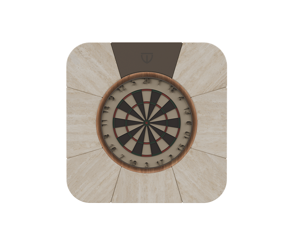 Rochford Dartboard Front view of the Rochford dartboard featuring a travertine structure with walnut and powder coated stainless steel details.