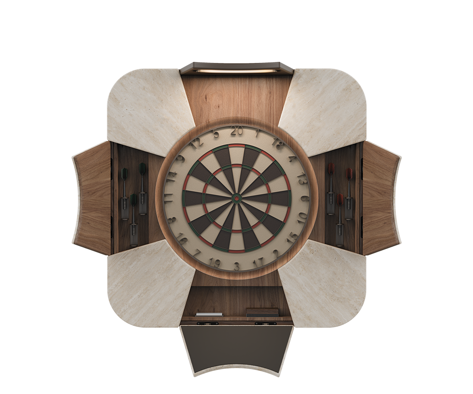 Rochford Dartboard Open front view of the Rochford dartboard featuring a travertine structure with walnut and powder coated stainless steel details with open slots for storing darts including an upper slot with integrated light and a lower slot with the scoreboard.