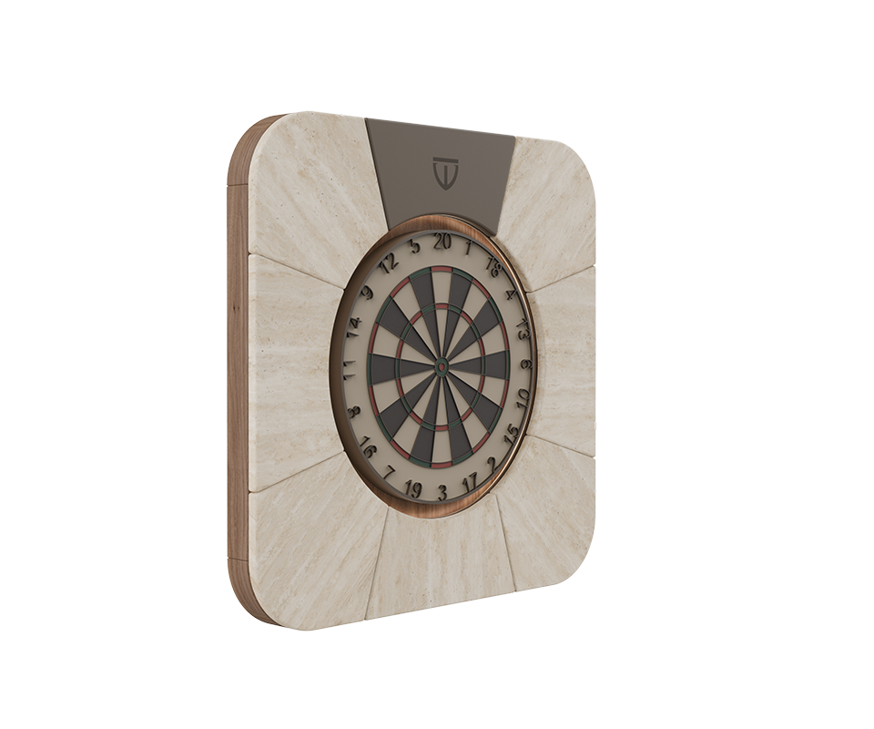 Rochford Dartboard Side view of the closed Rochford dartboard featuring a travertine structure with WTC walnut and powder coated stainless steel details.
