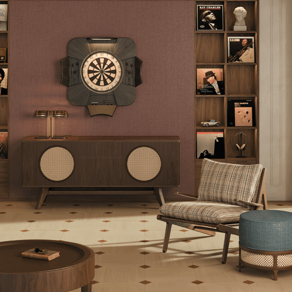 A serene living room bathed in soft daylight from the window, featuring the open new exquisite dartboard Rochford by Wood Tailors Club in black-stained ash wood with powder coated stainless steel details. The scene includes the Harrison sideboard, a Turing table lamp glowing gently above, a Moore armchair in textured fabric, and the George stool, creating a harmonious and refined interior.