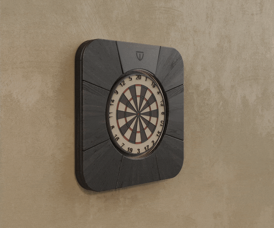 Rochford Dartboard Side view of the Rochford dartboard in black-stained ash wood, showing the engraved brand logo and powder-coated stainless steel details, set against a brown-yellow background.