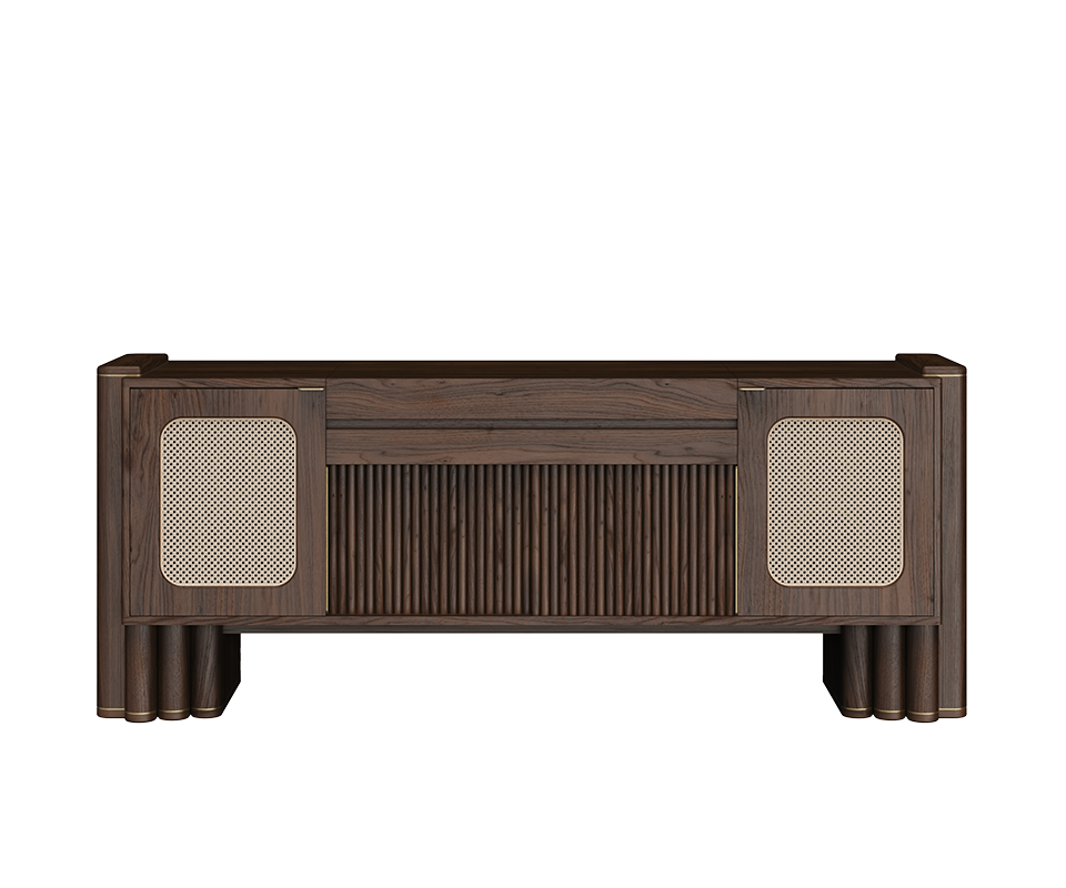 Front view of the closed Ronnie Vinyl Sideboard in a smoked walnut finish, showcasing rattan mesh doors, fluted detailing, and metallic accents.