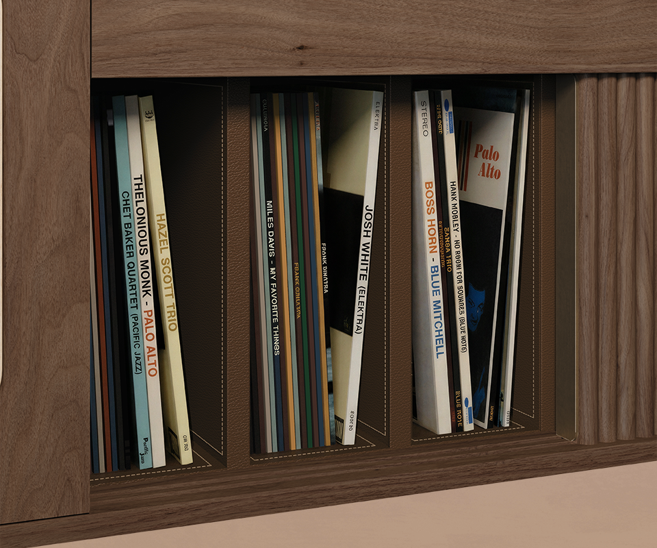 Detailed view of vertical vinyl record storage slots inside the sideboard compartment filled with classic album covers.