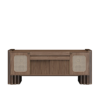 Front view of the closed Ronnie Vinyl Sideboard in dark walnut featuring woven rattan cane door inserts, a slatted center panel, and fluted pillar legs.