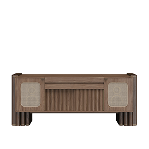 Front view of the closed Ronnie Vinyl Sideboard in dark walnut featuring woven rattan cane door inserts, a slatted center panel, and fluted pillar legs.