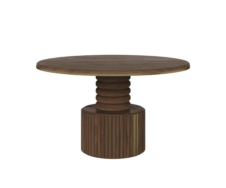 Stuart I Dining Table by Wood Tailors Club featuring a dark walnut round tabletop with brushed brass rim, supported by a central pedestal base with stacked ring contours and fluted vertical grooves.