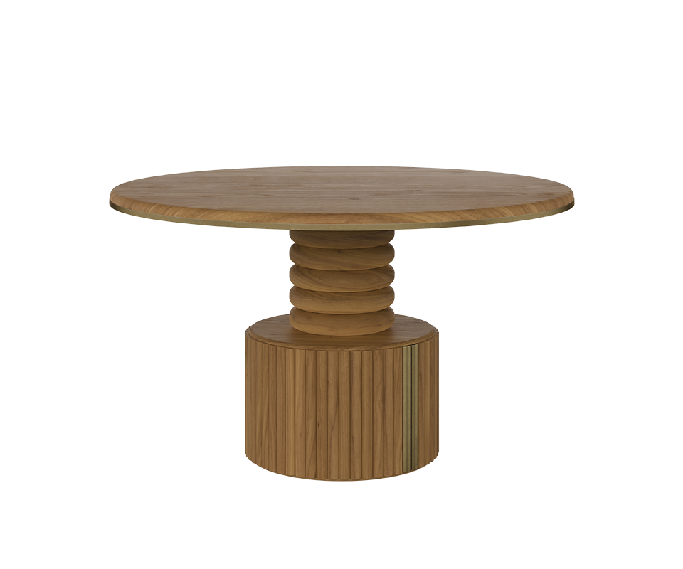Stuart I Dining Table by Wood Tailors Club in a light oak finish, featuring a round wood top with brass trim and a sculpted central base with horizontal ring accents and a fluted lower column.