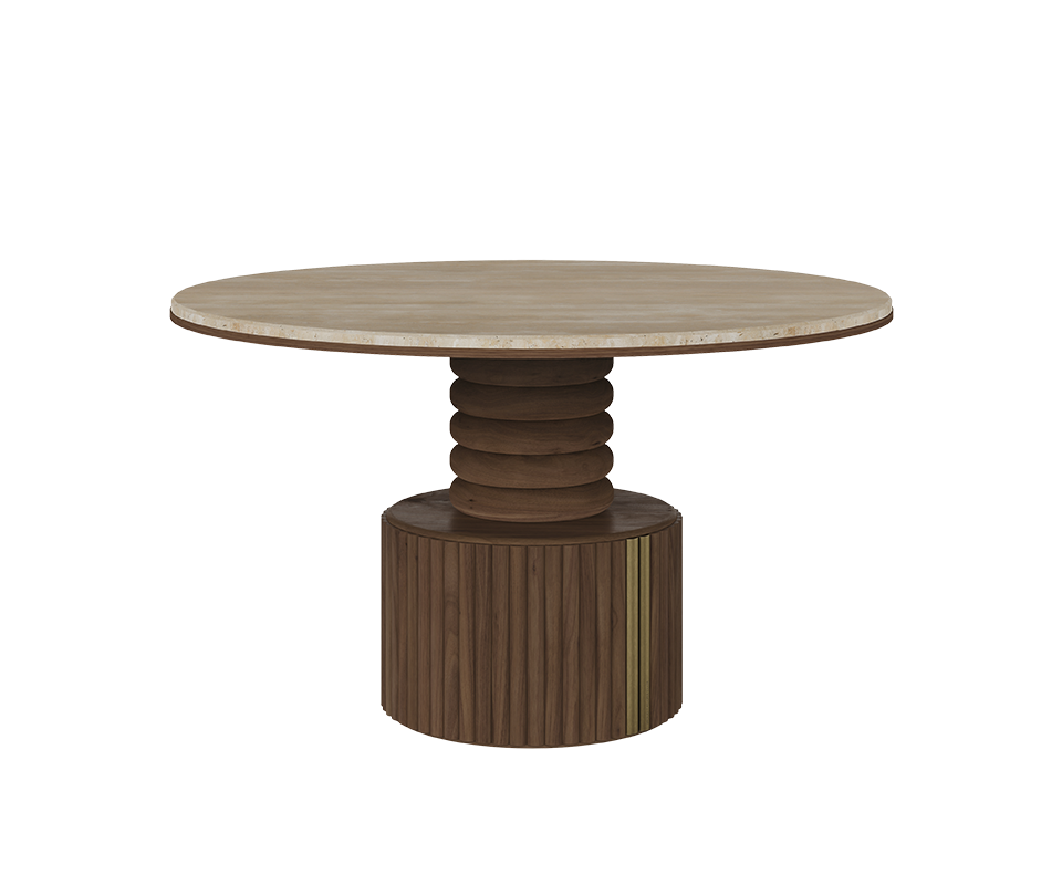 Stuart I Dining Table by Wood Tailors Club featuring a round beige marble tabletop, supported by a dark wood pedestal base with stacked ring detailing and vertical fluted textures with brass accents.