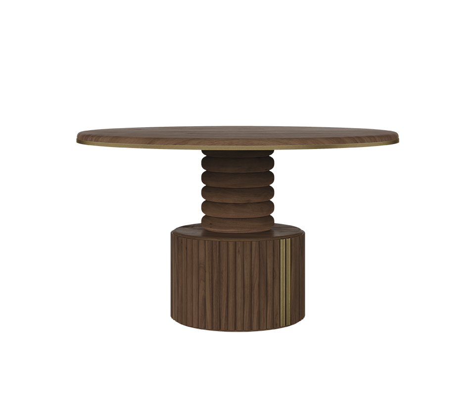 Side profile view of the Stuart I Dining Table by Wood Tailors Club, showcasing the dark walnut round top, brass edge inlay, and architectural pedestal base.