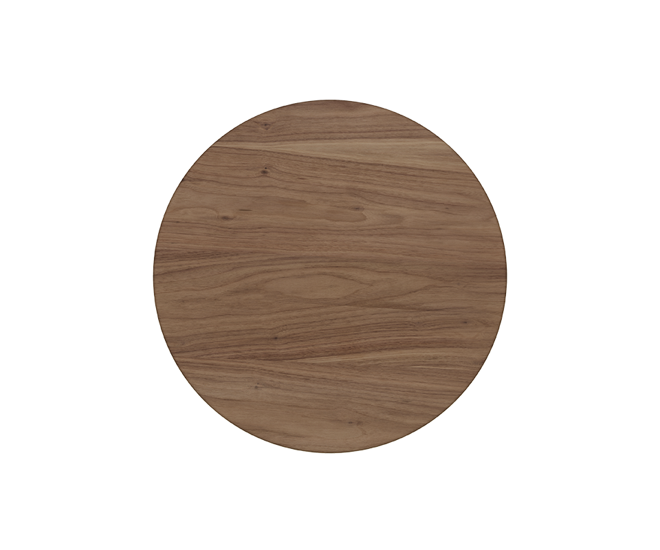 Top-down view of the Stuart I Dining Table tabletop by Wood Tailors Club, highlighting the natural wood grain pattern and circular silhouette.