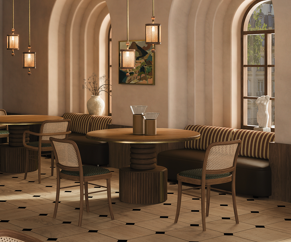 In-context view of the Stuart I Dining Table surrounded by wooden chairs in an elegant hospitality dining space with arched wall alcoves, patterned floor tiles, and ambient lighting.