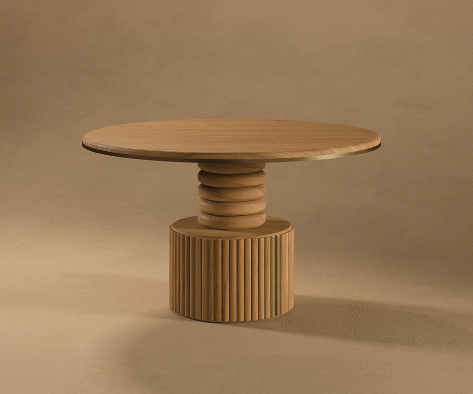 Studio product shot of the complete Stuart I Dining Table by Wood Tailors Club, showcasing different wood finishes its round top, stacked ringed pedestal, and fluted base against a neutral studio backdrop.