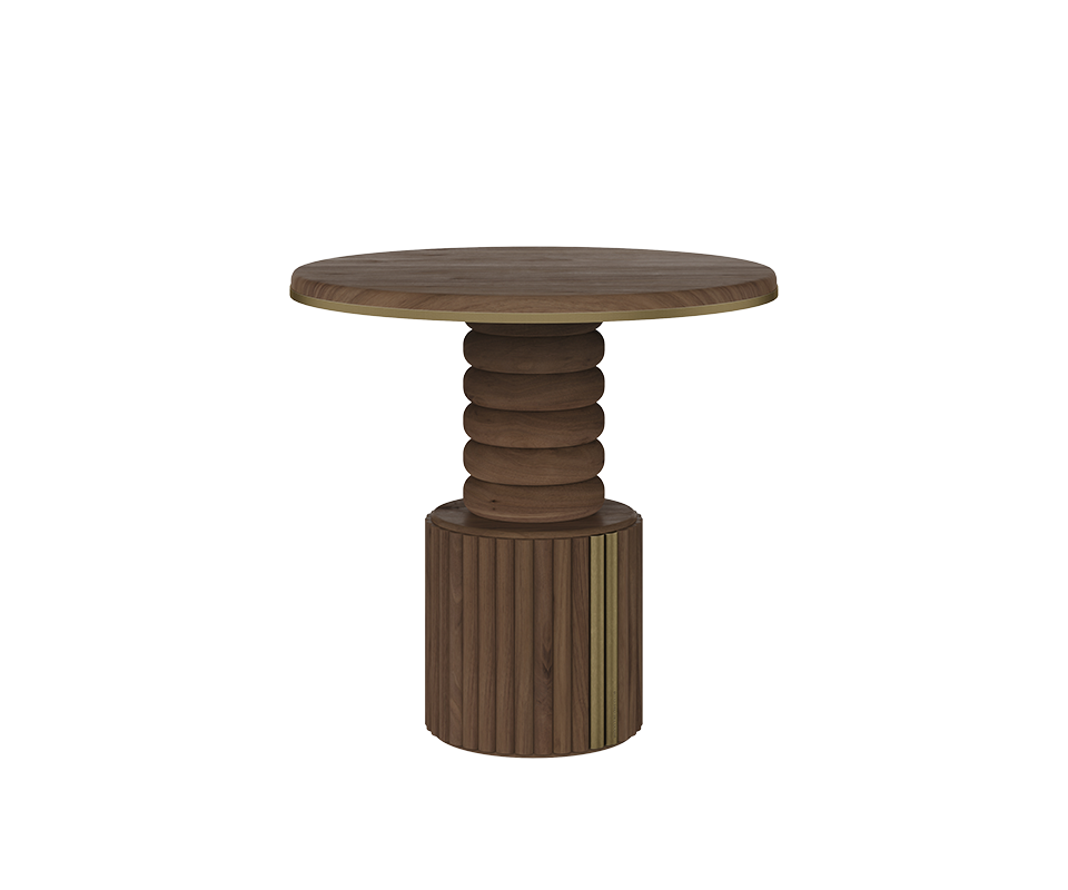 Stuart II Dining Table by Wood Tailors Club featuring dark walnut top, stacked ring pedestal base, fluted bottom, and brushed brass details.
