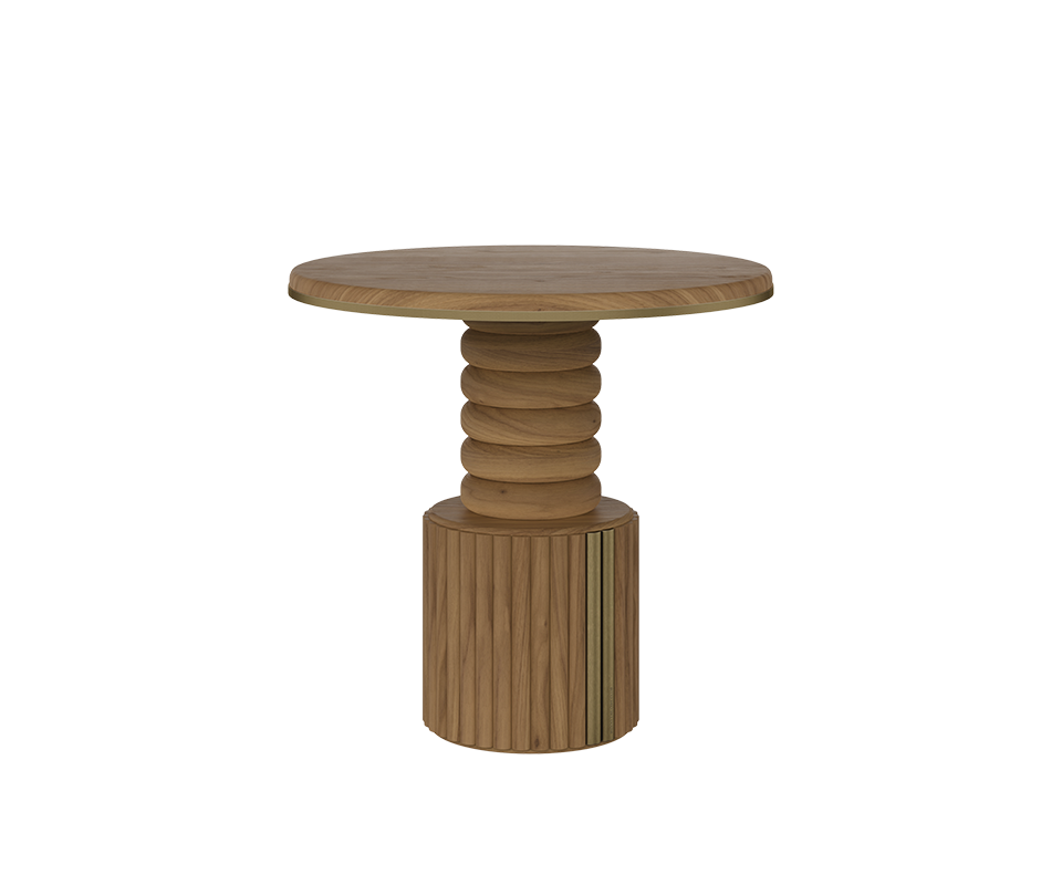 Stuart II Dining Table by Wood Tailors Club in medium natural wood finish with a round tabletop, sculptural carved pedestal, and aged brass accent.
