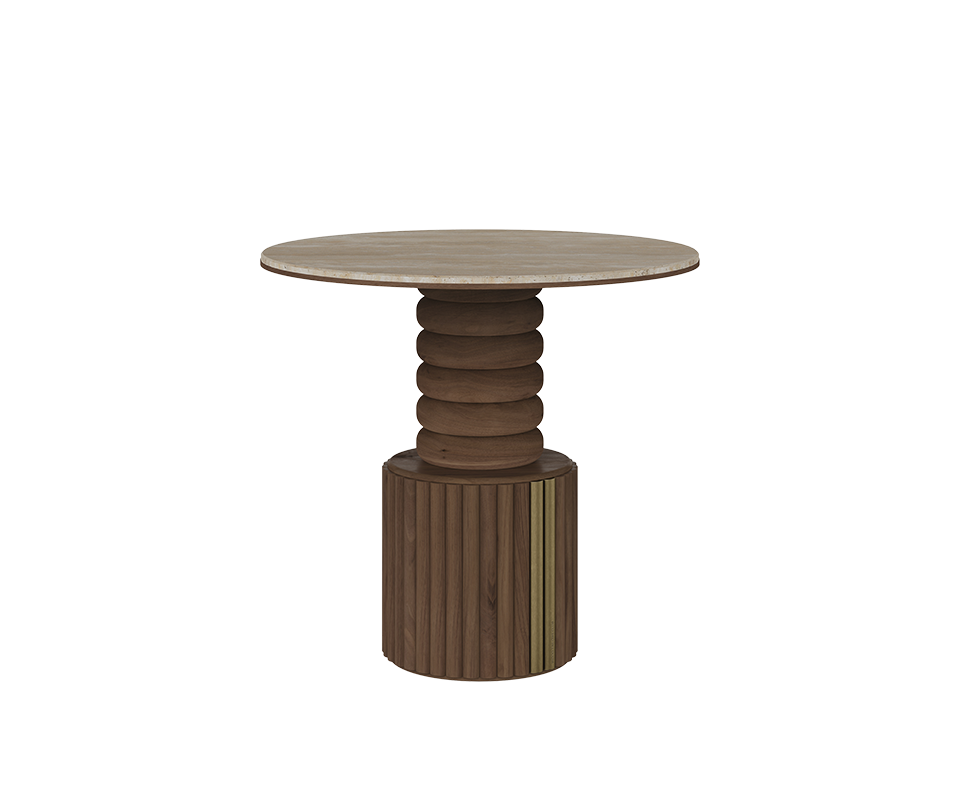 Stuart II Dining Table by Wood Tailors Club showcasing a round travertino top on a dark walnut pedestal base with vertical fluted details.