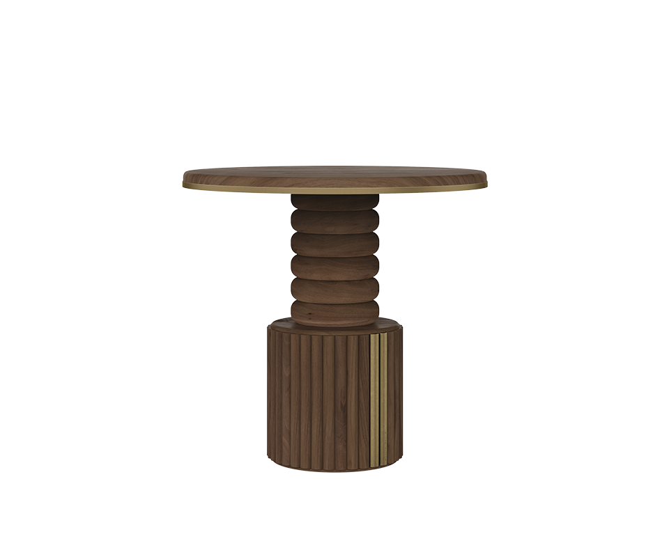 Front view of the Stuart II Dining Table by Wood Tailors Club in dark wood, highlighting its architectural ring-carved pedestal and brass inlay.