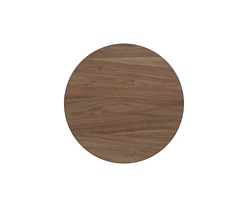 Top-down view of the round wooden tabletop of the Stuart II Dining Table by Wood Tailors Club, displaying rich natural wood grain.