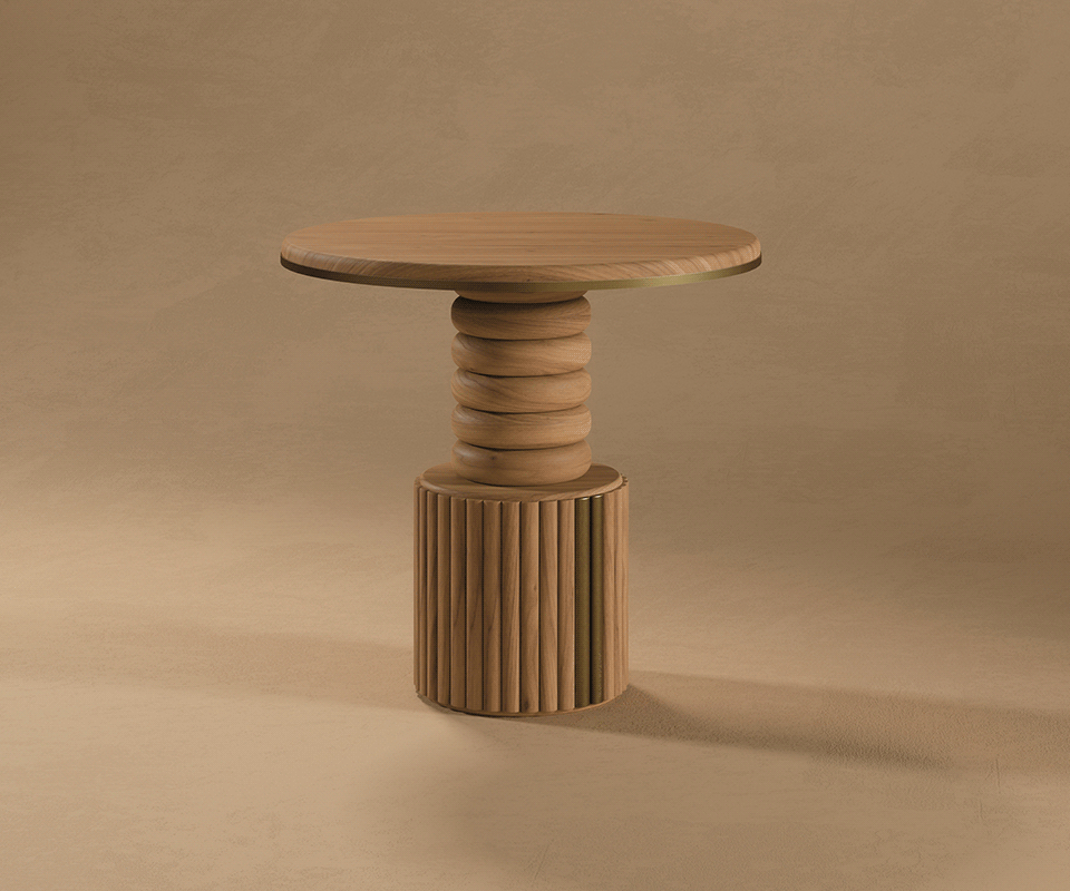 Stuart II Dining Table by Wood Tailors Club featuring different wood finishes, a round wooden top and a central pedestal base with stacked ring carving and vertical fluted grooves against a neutral background.