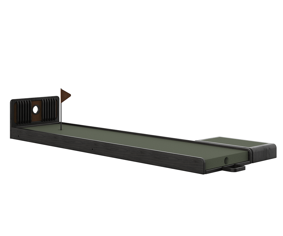 A side view of the Sutherland Mini Golf set inblack stained ashwood, emphasizing the elegant wood grain and the professional green putting surface.