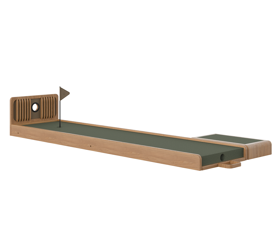 A side profile of the Sutherland Mini Golf set in Natural Oak wood. The light, warm tones of the oak contrast with the dark green turf and the black flagpole.