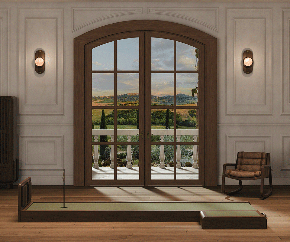 A luxury Sutherland Mini Golf set by Wood Tailors Club, crafted in walnut and leather, positioned in a sophisticated interior with a view of a rolling landscape through large arched doors.