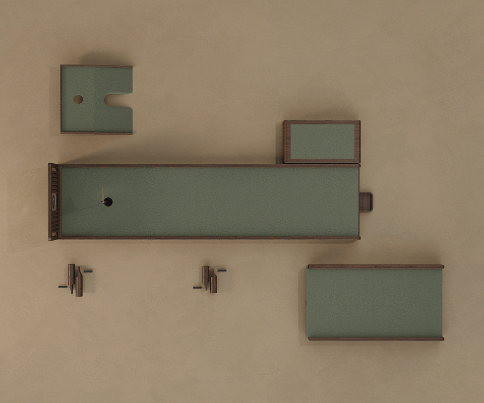 Top-down view of the Sutherland Mini Golf set by Wood Tailors Club, featuring a modular walnut wood and green leather putting surface with adjustable technical components.