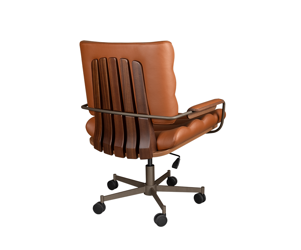 Thomas I Office Chair 45º back view of the Thomas I office chair, highlighting the sculpted smoked walnut wood back, powder-coated stainless steel structure, and rich orange genuine leather upholstery.